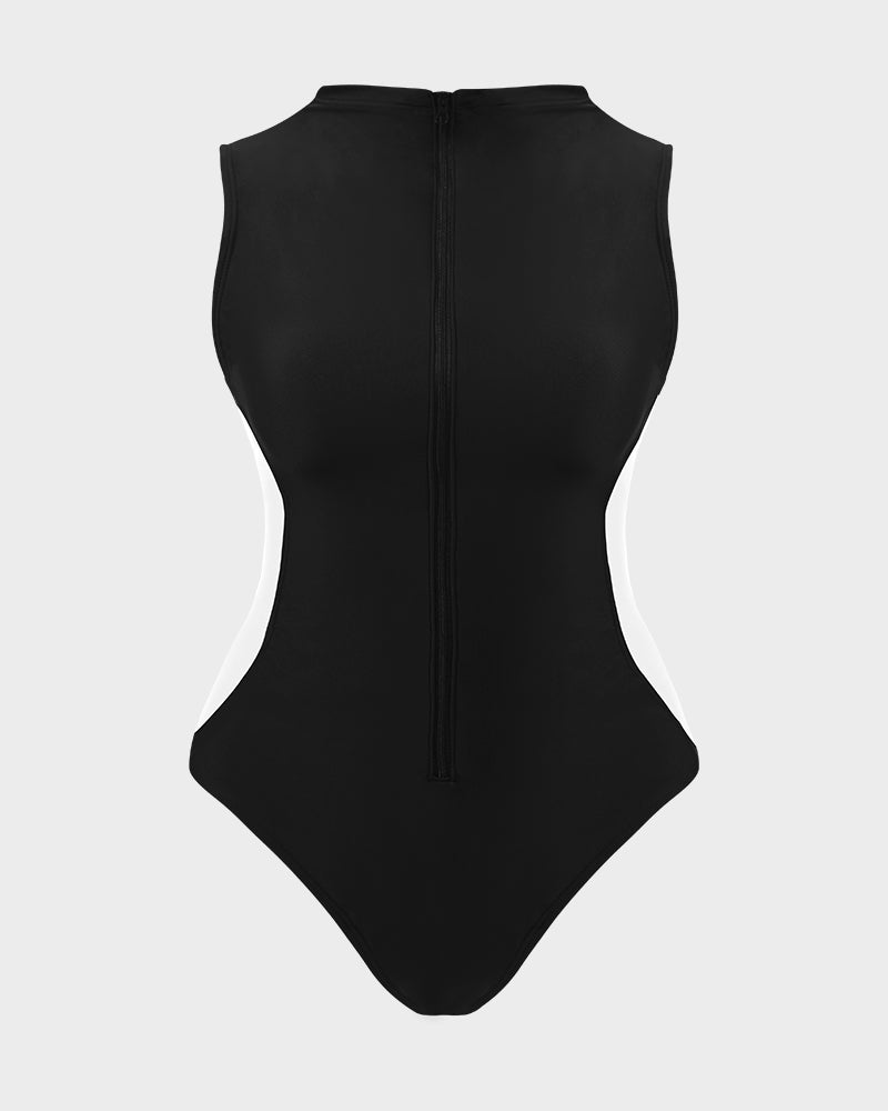 Zip Front High Neck Lace-Up Back Sculpting Swimsuit