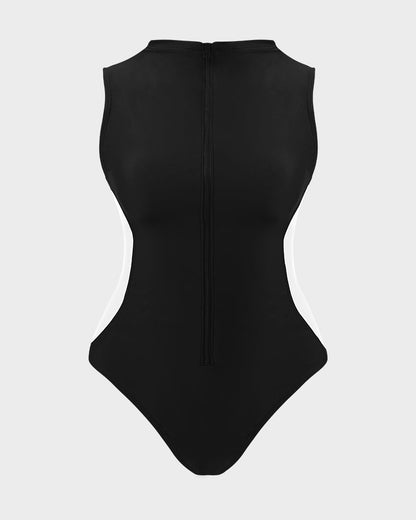 Zip Front High Neck Lace-Up Back Sculpting Swimsuit