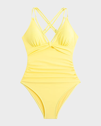 V-Neck Hollow Trim Cross-Back One-Piece Swimsuit