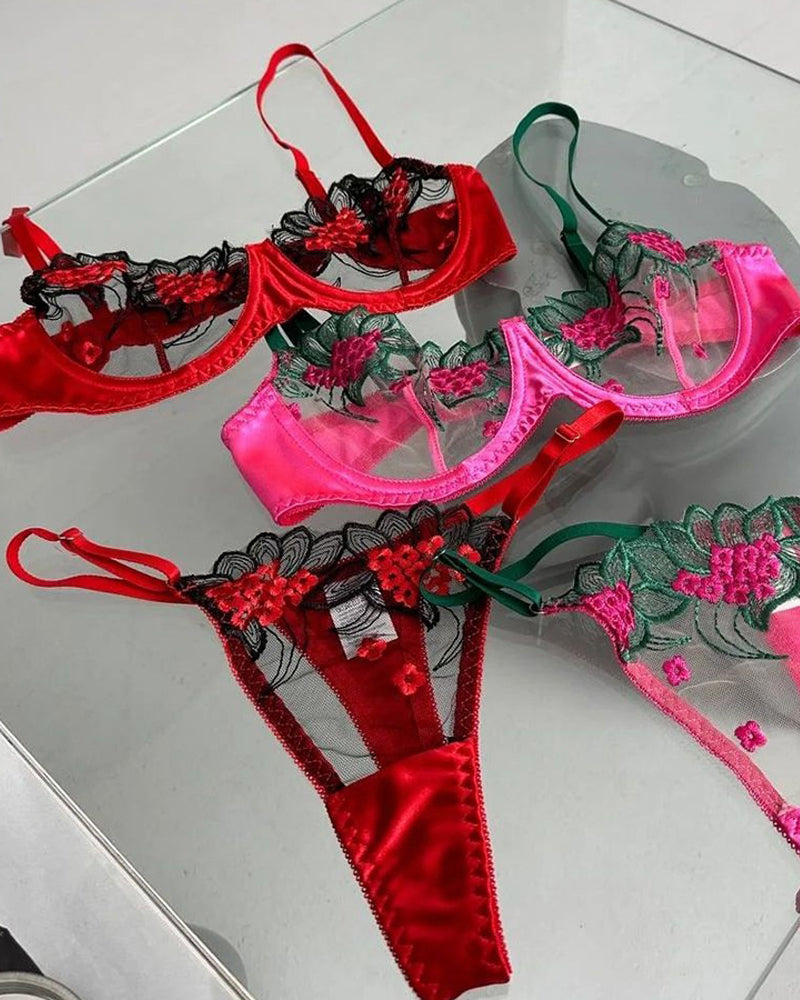 Sexy Colorblock Flower Embroidered Underwire Mesh Bra Set