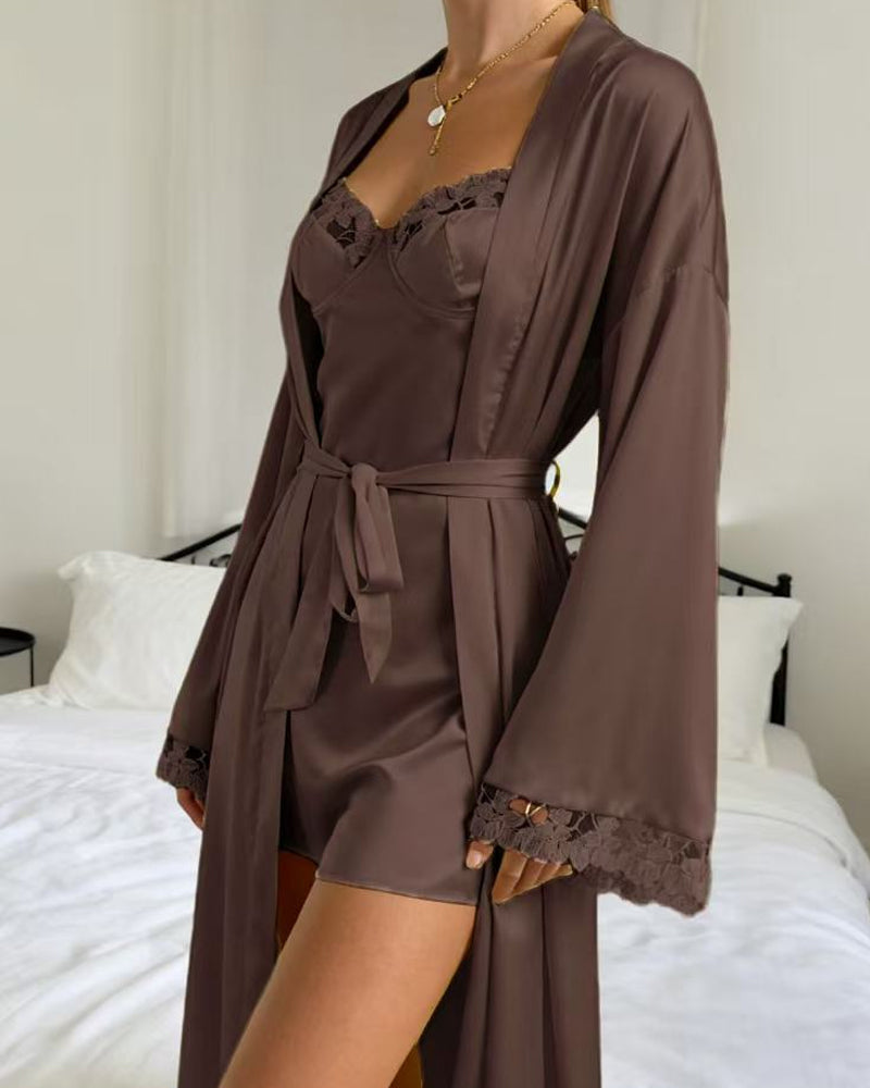 Sexy Comfortable Homewear Lace-trimmed Silk Camisole Nightgown and Long-sleeved Robe Set