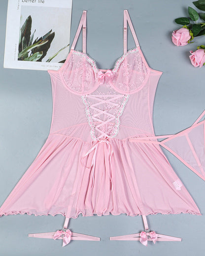 Sexy Lace Mesh See-Through Straps Cross Bow Mesh Ruffled Nightdress