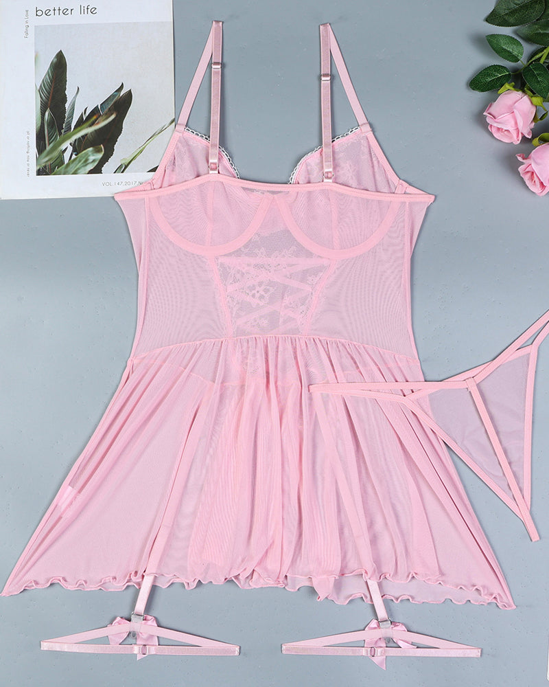 Sexy Lace Mesh See-Through Straps Cross Bow Mesh Ruffled Nightdress