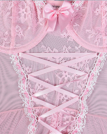 Sexy Lace Mesh See-Through Straps Cross Bow Mesh Ruffled Nightdress
