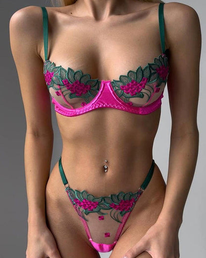 Sexy Colorblock Flower Embroidered Underwire Mesh Bra Set