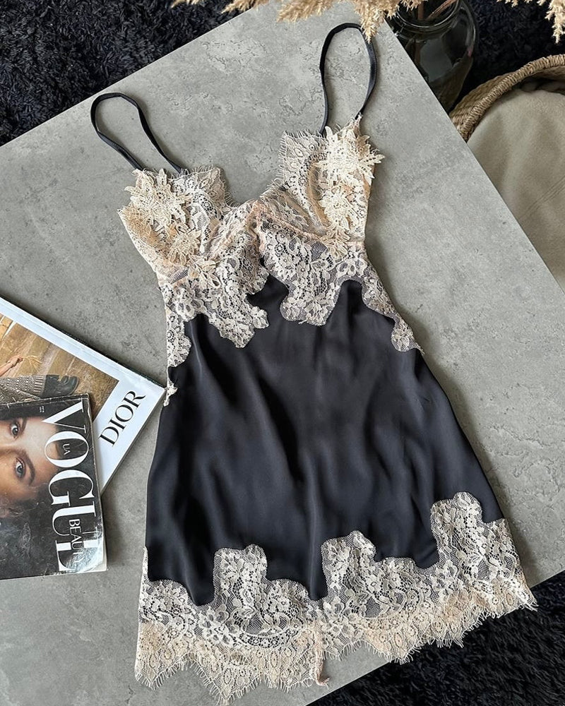 Sexy Deep V-neck Ice Silk Lace Patchwork Backless Camisole Nightgown