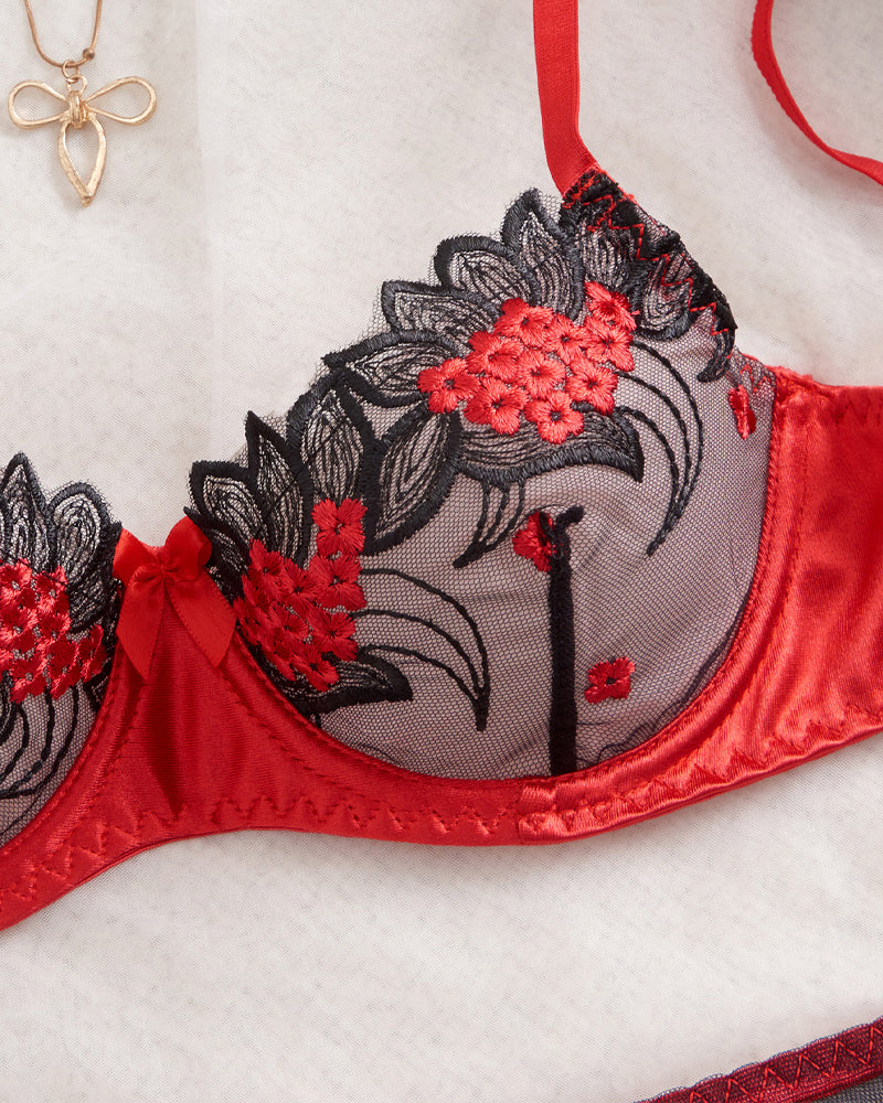 Floral Embroidery See-Through Mesh Colorblock Lingerie Set
