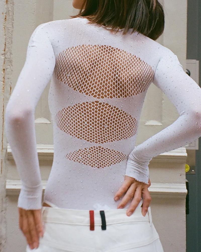 Sexy Rhinestone Stretch Fishnet Round Neck Long Sleeve Bodysuit