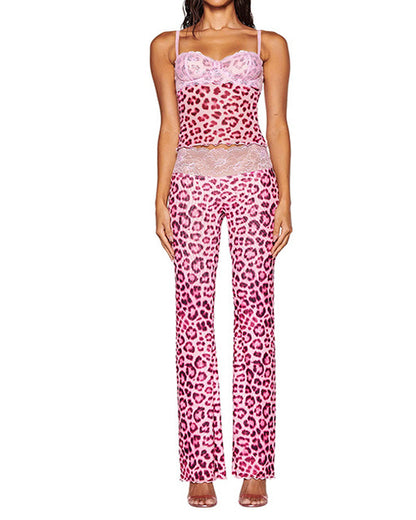 Casual Lace-paneled Sheer Mesh Colorblock Leopard Print Sleeveless Tank Top and Butt-lifting Long Pants Set