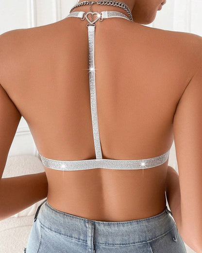 Sexy Deep V-neck Front-closure Lace Silver Ribbon No Underwire Bra