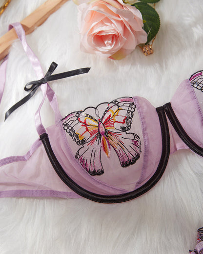 Purple Sexy Sheer Mesh Butterfly Embroidery Underwire Bra and Panty Set