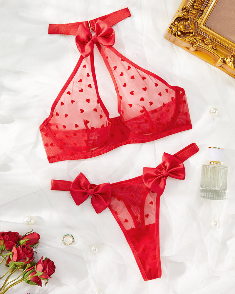 Sexy Halter-neck Heart-shaped Sheer Mesh Bowknot Decoration Lingerie Set