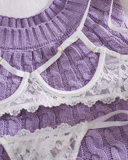 Sexy Lace Floral Openwork Bra and Thong Lingerie Set