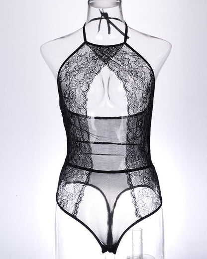 Sexy Lace Mesh Openwork Halter Bodysuit