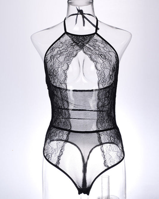 Sexy Lace Mesh Openwork Halter Bodysuit