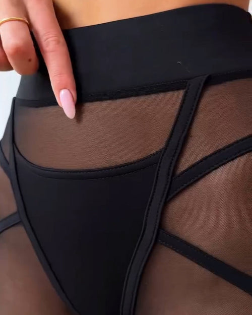 Sexy High-waisted Hip-lifting See-through Mesh-paneled Cycling Fitness Shaping Shorts