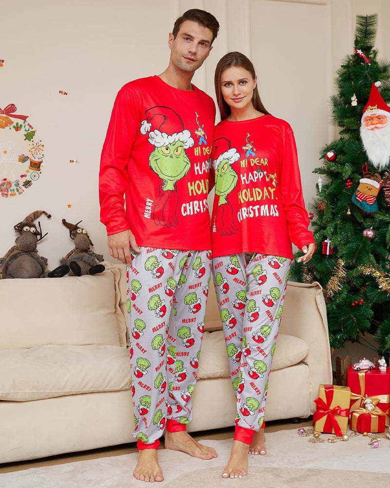 Christmas Grinch Color Block Fun Print Crew Neck Family Pajama Set
