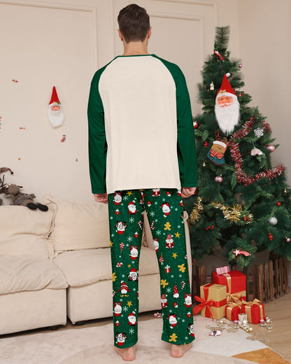 Green Santa Claus Print Crew Neck Home Wear Pajamas Family Set