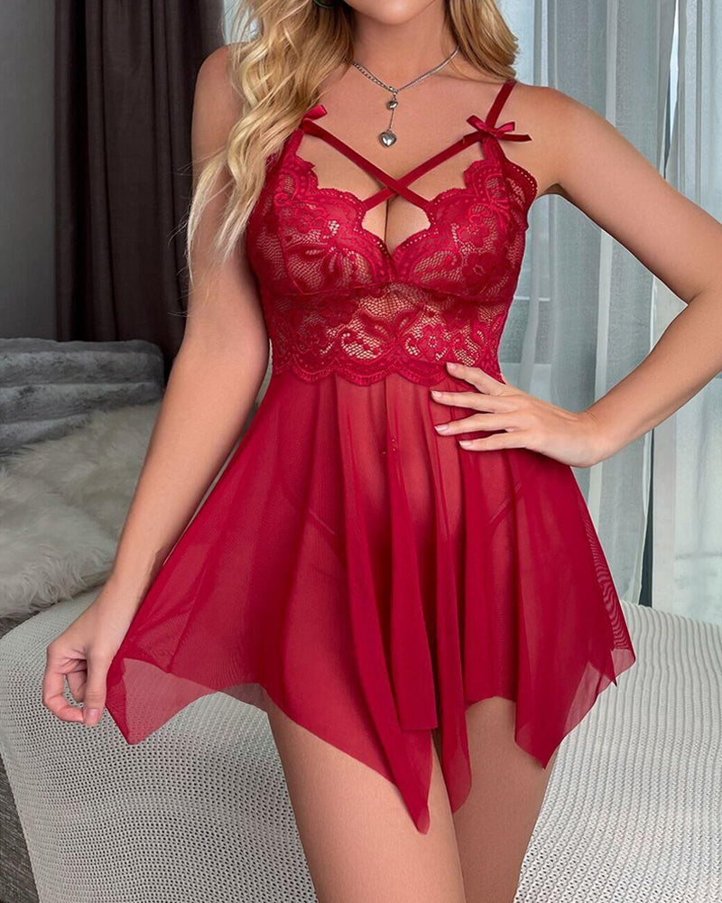 Sexy Floral Lace Patchwork Sheer Mesh Irregular Hem Slip Lingerie Nightgown