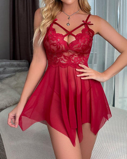 Sexy Floral Lace Patchwork Sheer Mesh Irregular Hem Slip Lingerie Nightgown