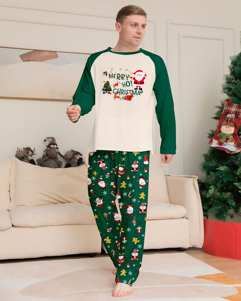 Green Santa Claus Print Crew Neck Home Wear Pajamas Family Set