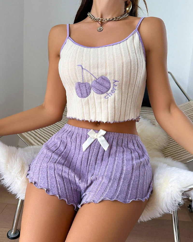 Cherry Brushed Colorblock Camisole and Shorts Loungewear Set