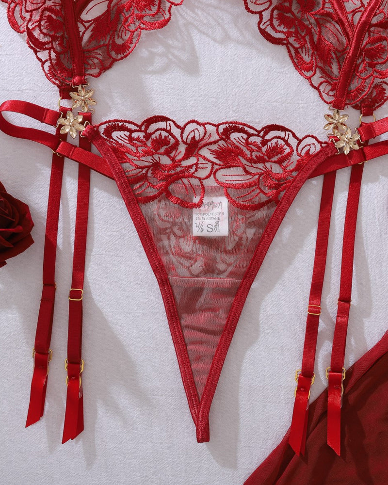 Floral Embroidery See-through Push-up Shaping Thin Sexy Lingerie Set with Stockings