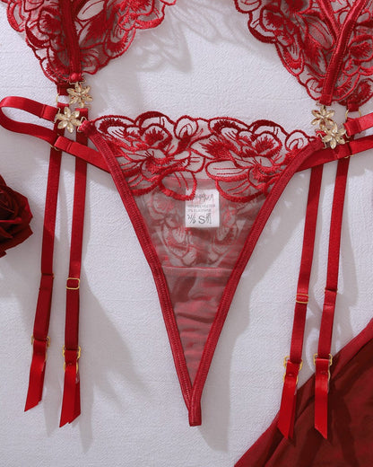 Floral Embroidery See-through Push-up Shaping Thin Sexy Lingerie Set with Stockings