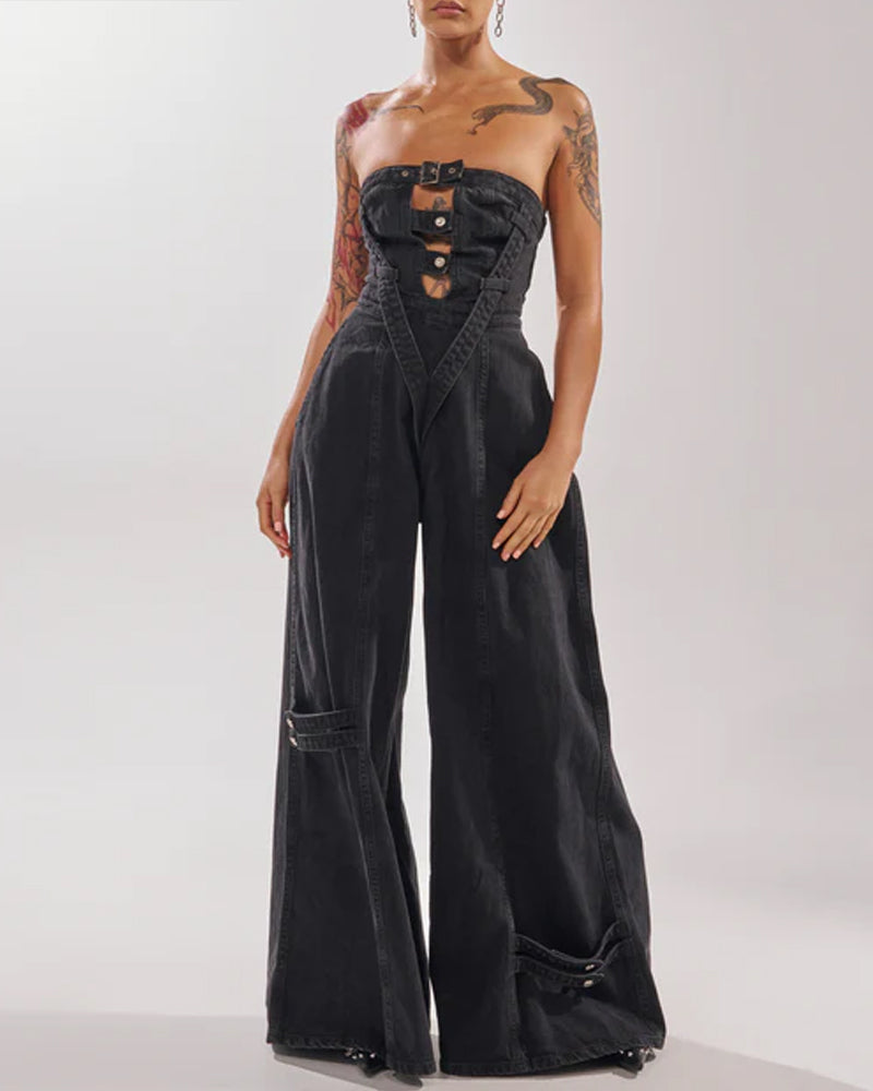 Sexy Strapless Wide-leg Denim Jumpsuit