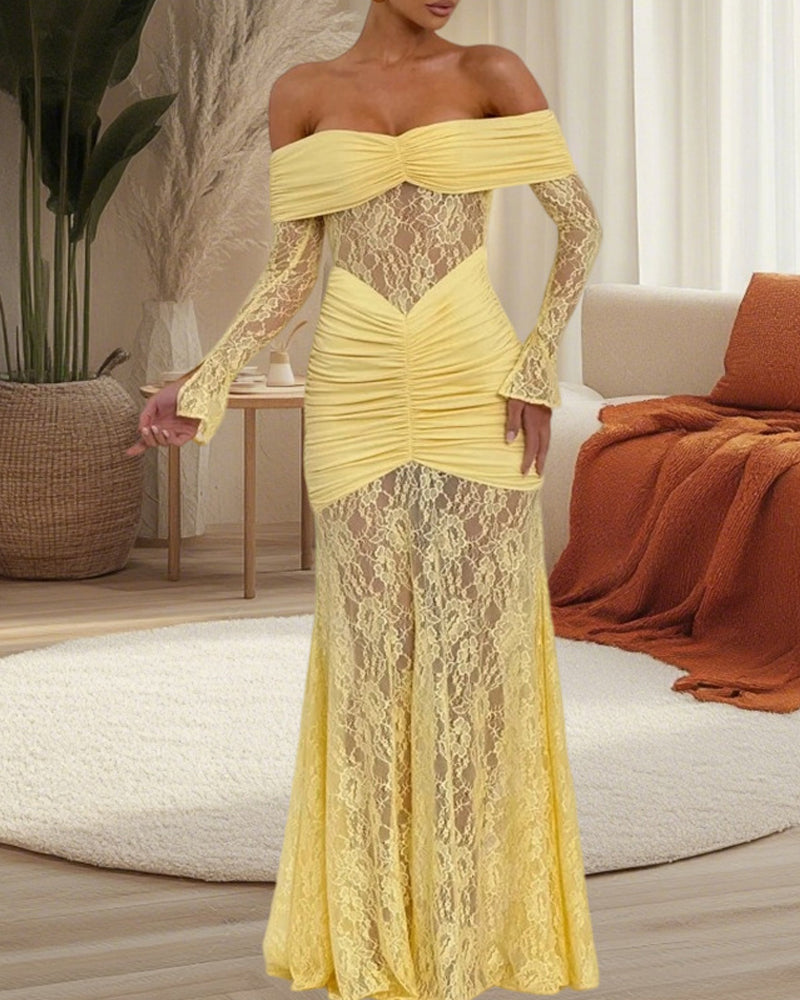 Sexy Lace Off-shoulder Fitted Long-sleeved Fishtail Maxi Dress