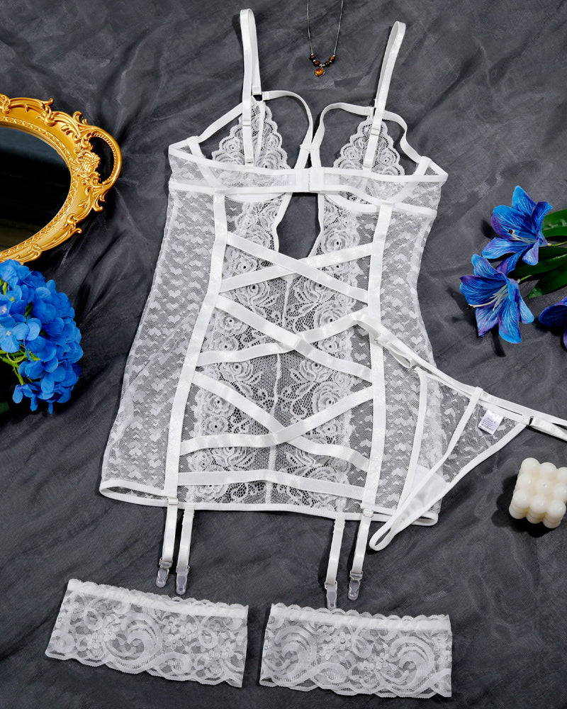 Sexy Openwork Lace Mesh See-through Lingerie Nightgown Set