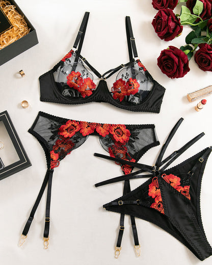 Sexy Floral Embroidered Sheer Mesh Lingerie Set