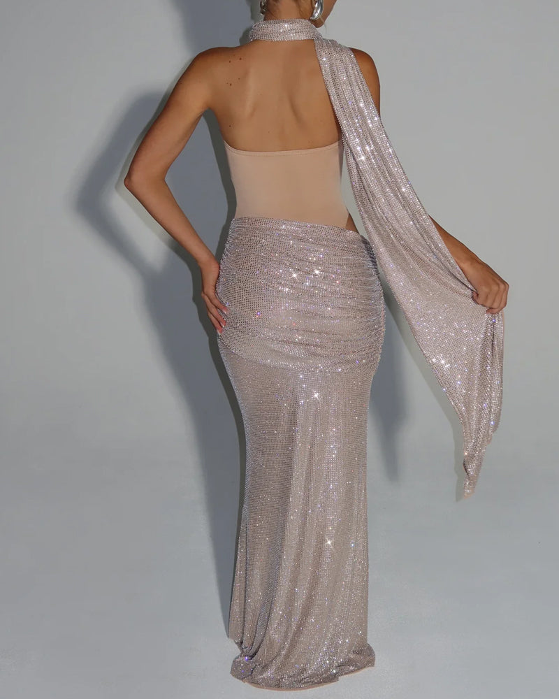 Sexy Sequined Ribbon Sleeveless Strapless Long Dress