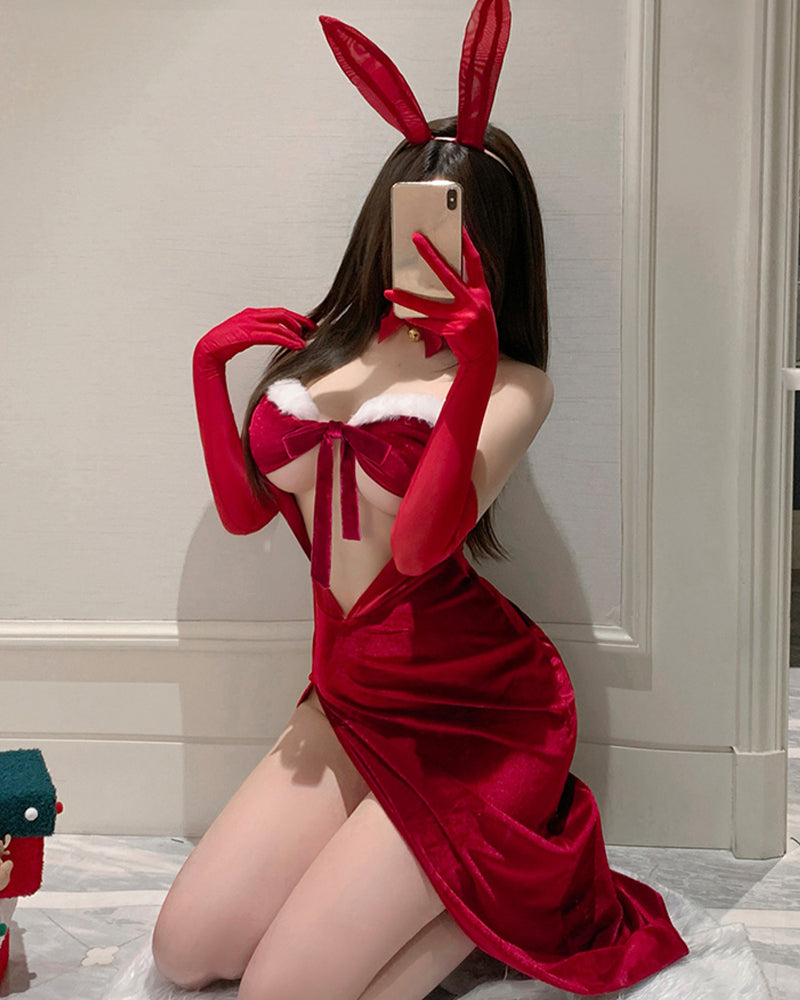 Christmas Bunny Sexy Velvet High-slit Long Lingerie Dress