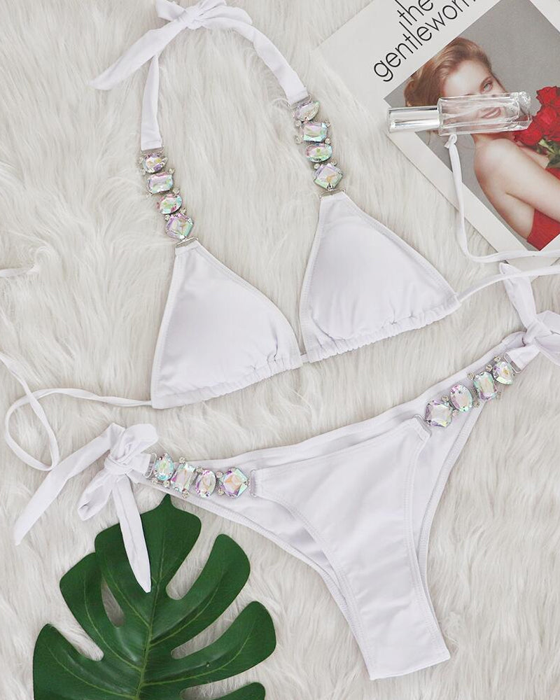 Sexy Solid Color Diamond Chain Embellished Beach Vacation Bikini