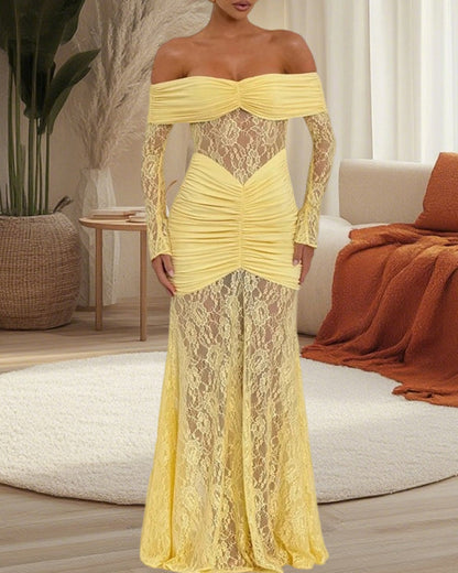 Sexy Lace Off-shoulder Fitted Long-sleeved Fishtail Maxi Dress