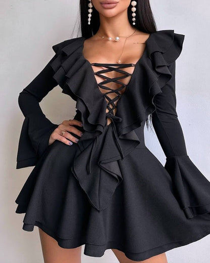 Stylish V Neck Slim-fit Tie-up Ruffle Bell Sleeve Dress