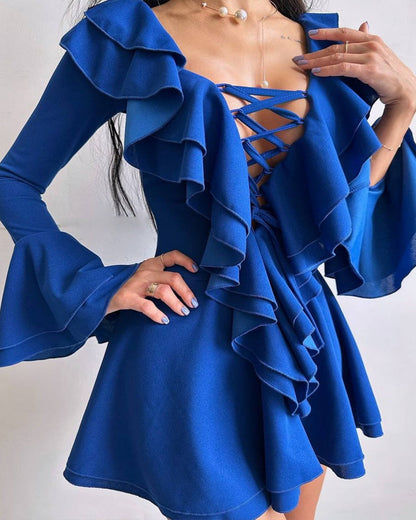 Stylish V Neck Slim-fit Tie-up Ruffle Bell Sleeve Dress
