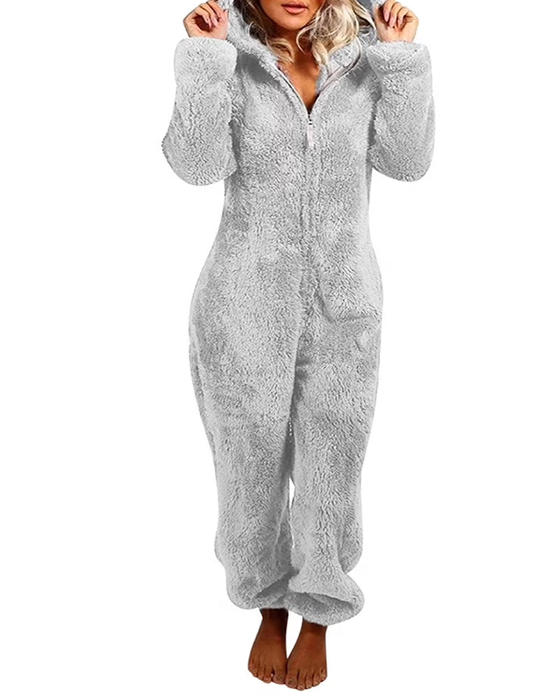 Teddy Bear Ear Zipper Hooded Plush Long-Sleeved Pants Onesie Pajamas