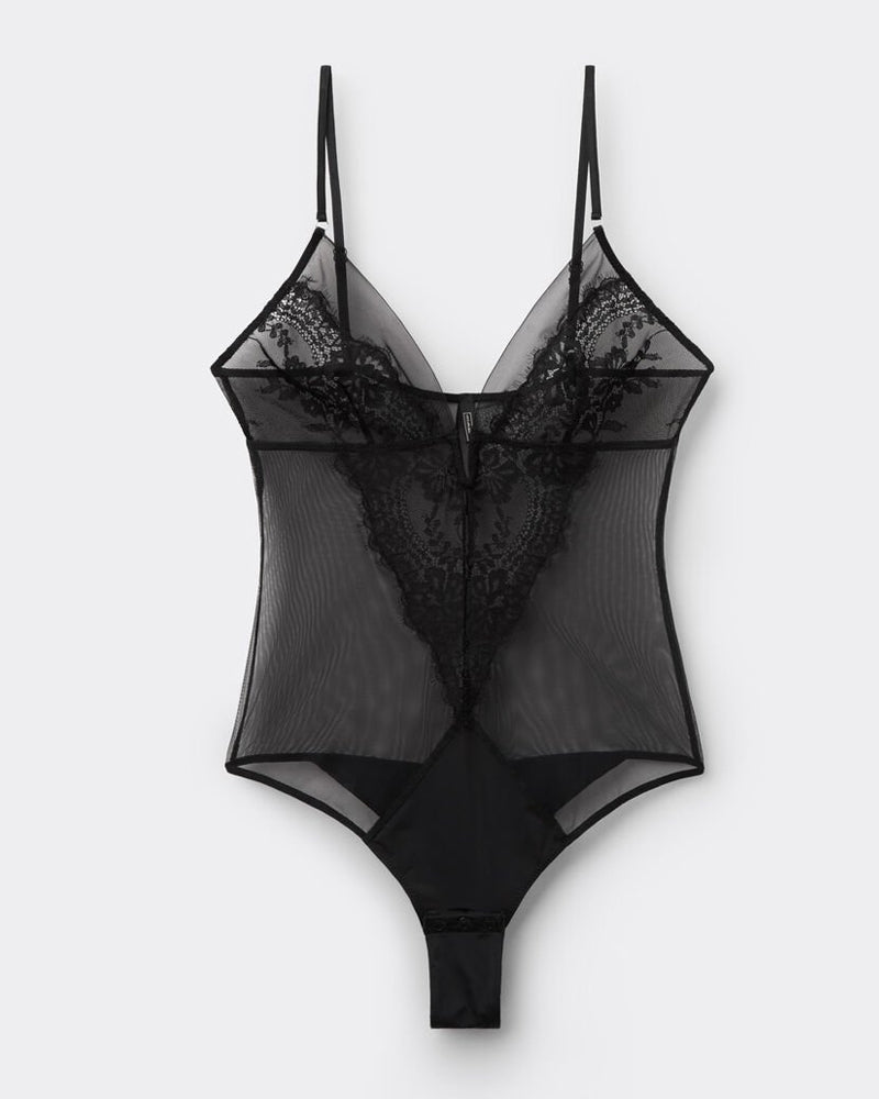 Black Floral Lace Mesh See-through Deep V Sexy Bodysuit