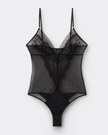 Black Floral Lace Mesh See-through Deep V Sexy Bodysuit
