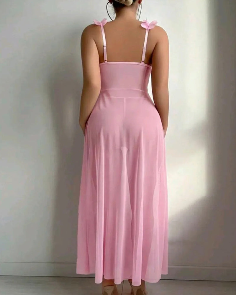 Sexy Low-Cut Floral See-Through Mesh Suspender Maxi Dress Set