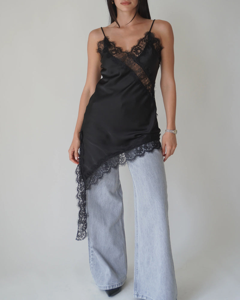 Sexy V-neck Ice Silk Lace Patchwork Asymmetrical Casual Suspender Mini Dress