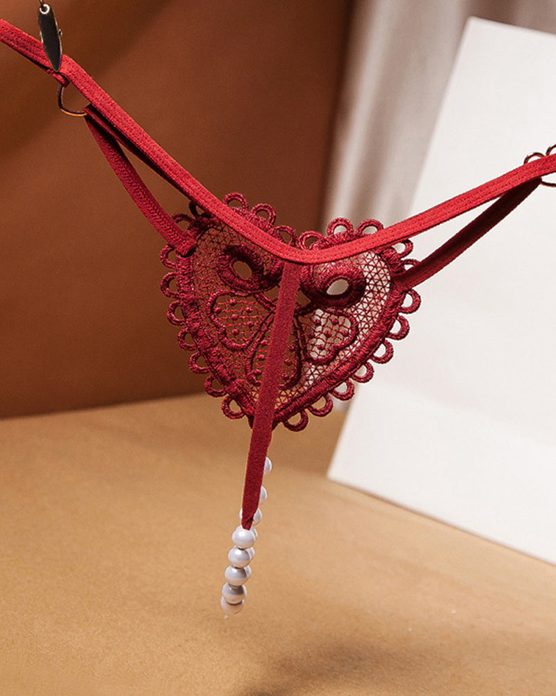 Sexy Heart-Shaped Lace Flower Pearl Embellished Thong