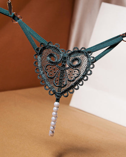 Sexy Heart-Shaped Lace Flower Pearl Embellished Thong