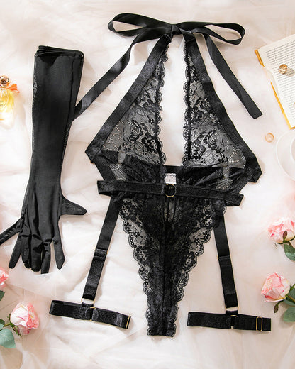 Sexy Deep V-neck Halter Neck Lace Sheer Bodysuit with Garter Belt and Gloves Lingerie Set