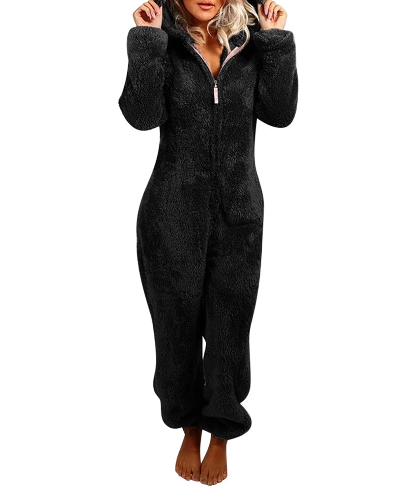 Teddy Bear Ear Zipper Hooded Plush Long-Sleeved Pants Onesie Pajamas