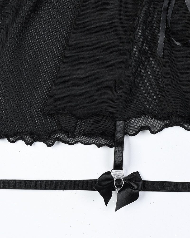 Sexy Lace Mesh See-Through Straps Cross Bow Mesh Ruffled Nightdress