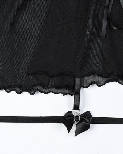 Sexy Lace Mesh See-Through Straps Cross Bow Mesh Ruffled Nightdress