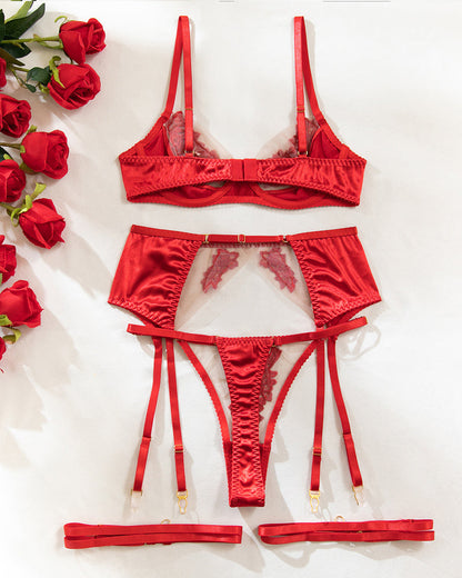 Sexy Mesh See-Through Flower Embroidery Push-Up Bra Sexy Lingerie Set